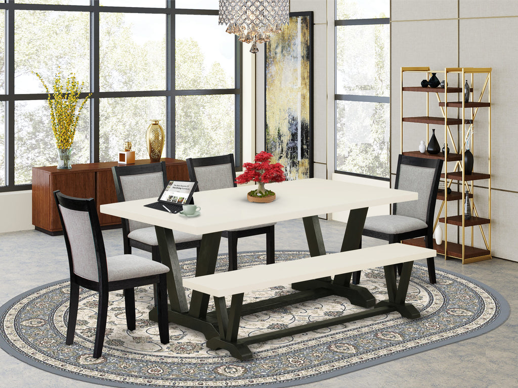 East West Furniture V627MZ606-6 6 Piece Dining Set Contains a Rectangle Dining Room Table with V-Legs and 4 Shitake Linen Fabric Parson Chairs with a Bench, 40x72 Inch, Multi-Color