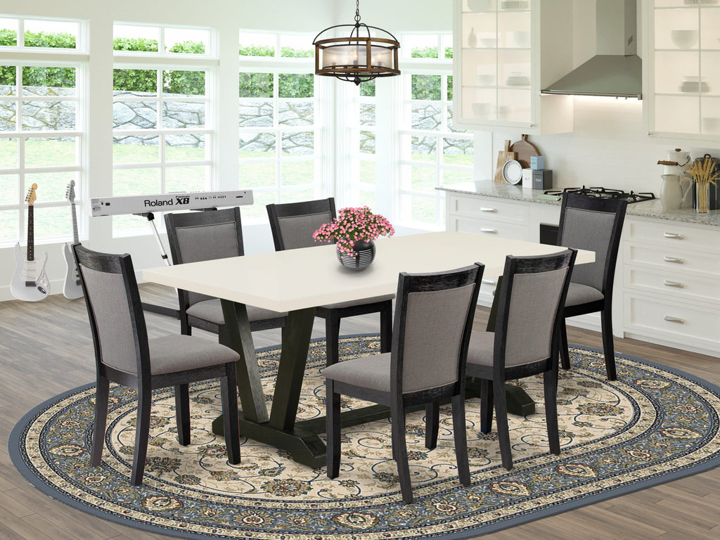 East West Furniture V627MZ650-7 7 Piece Dining Table Set Consist of a Rectangle Kitchen Table with V-Legs and 6 Dark Gotham Grey Linen Fabric Parson Chairs, 40x72 Inch, Multi-Color