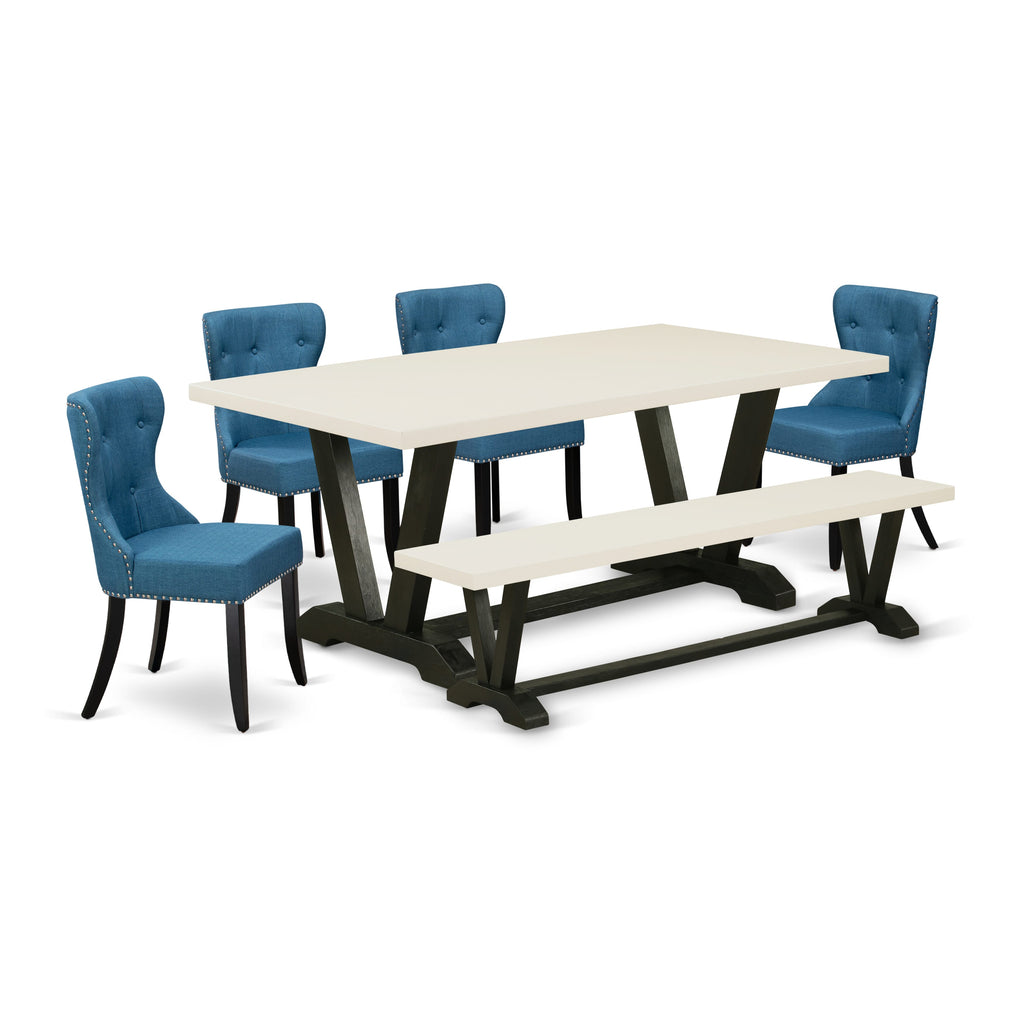 East West Furniture V627SI121-6 6 Piece Dining Table Set Contains a Rectangle Dining Room Table with V-Legs and 4 Blue Linen Fabric Parson Chairs with a Bench