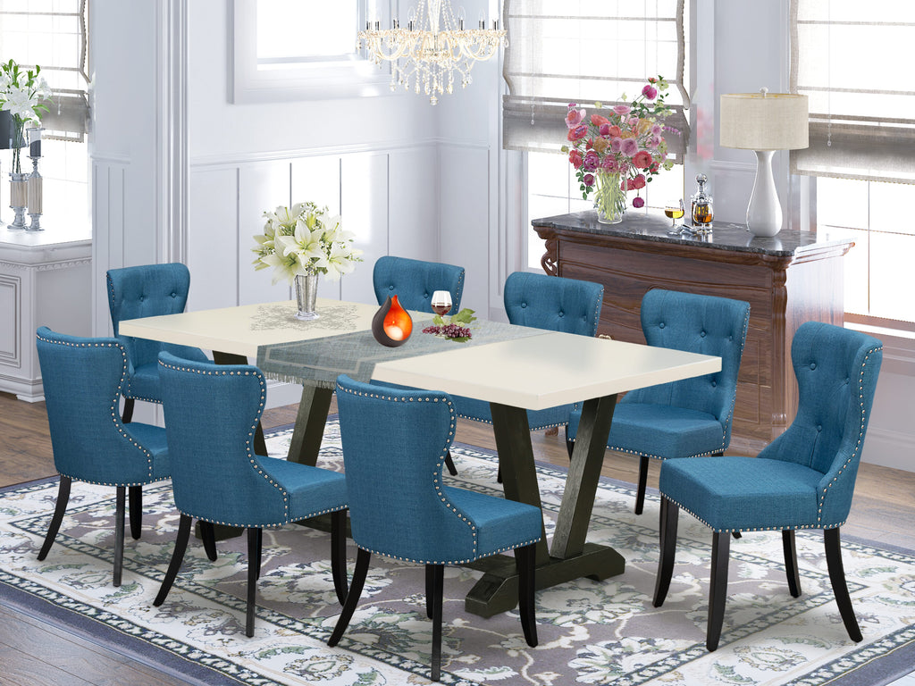 East West Furniture V627SI121-9 9 Piece Dining Table Set Includes a Rectangle Dining Room Table with V-Legs and 8 Blue Linen Fabric Parsons Chairs, 40x72 Inch, Multi-Color