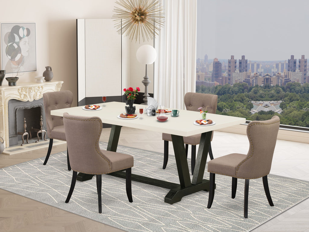 East West Furniture V627SI648-5 5 Piece Dining Room Furniture Set Includes a Rectangle Dining Table with V-Legs and 4 Coffee Linen Fabric Upholstered Chairs, 40x72 Inch, Multi-Color