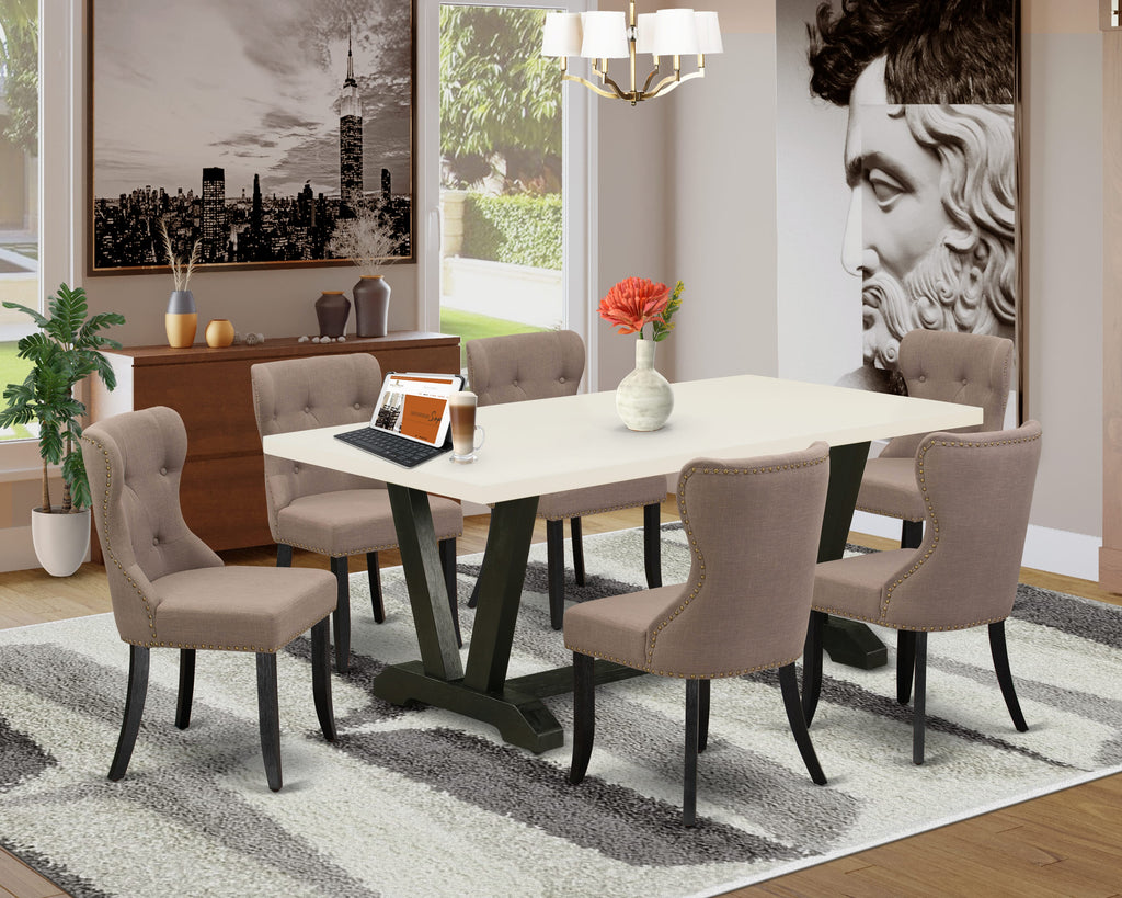 East West Furniture V627SI648-7 7 Piece Kitchen Table & Chairs Set Consist of a Rectangle Dining Room Table with V-Legs and 6 Coffee Linen Fabric Parsons Chairs, 40x72 Inch, Multi-Color