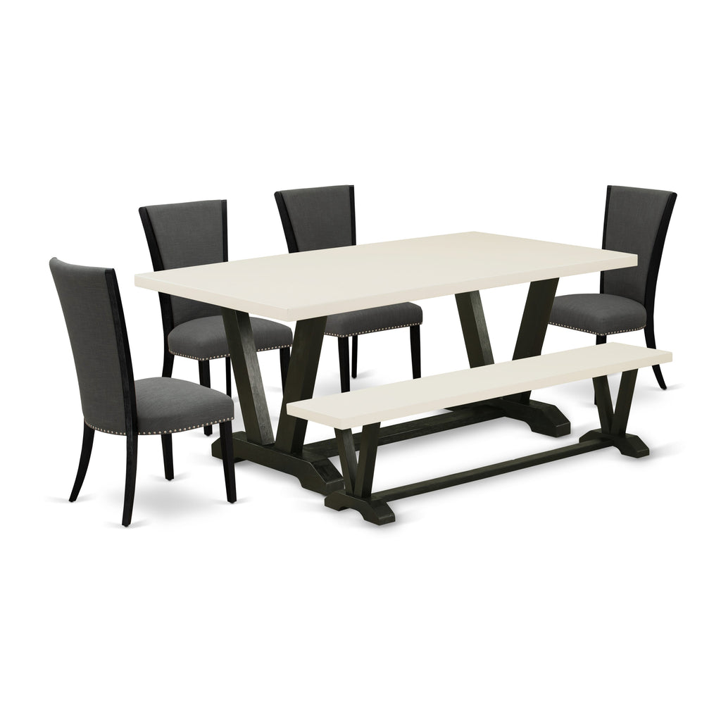 East West Furniture V627VE650-6 6 Piece Dining Table Set Contains a Rectangle Wooden Table with V-Legs and 4 Dark Gotham Linen Fabric Parson Chairs with a Bench, 40x72 Inch, Multi-Color