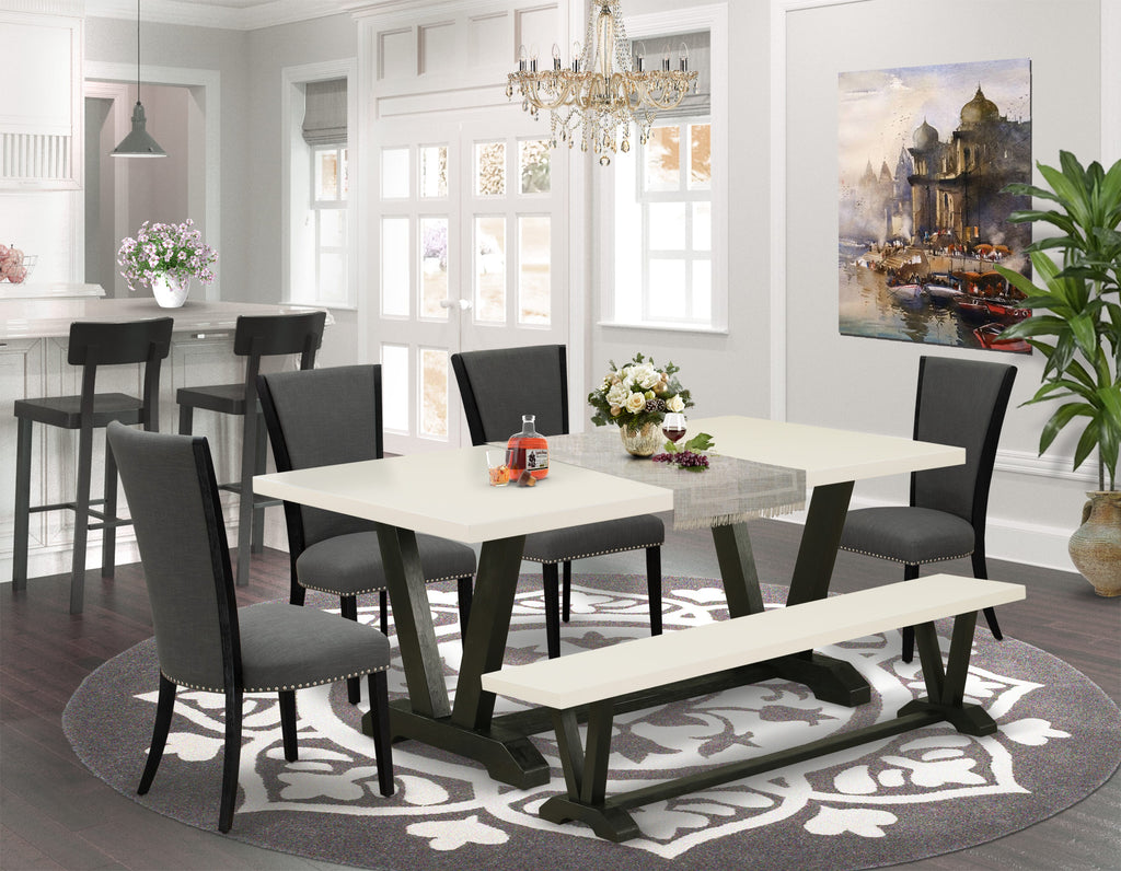 East West Furniture V627VE650-6 6 Piece Dining Table Set Contains a Rectangle Wooden Table with V-Legs and 4 Dark Gotham Linen Fabric Parson Chairs with a Bench, 40x72 Inch, Multi-Color