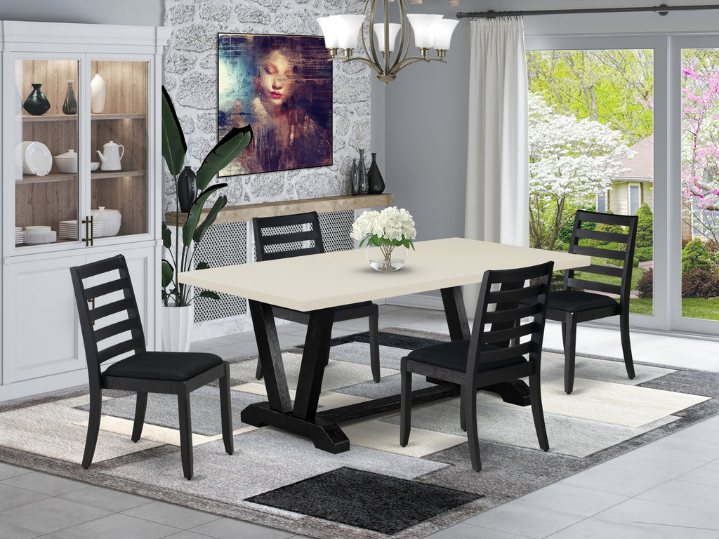 East West Furniture V627X1624-5 5-piece Dining Room Table Set included a Rectangular Kitchen Table and 4 Black Linen Fabric stackable Chair, Wire Brushed Black Finish.