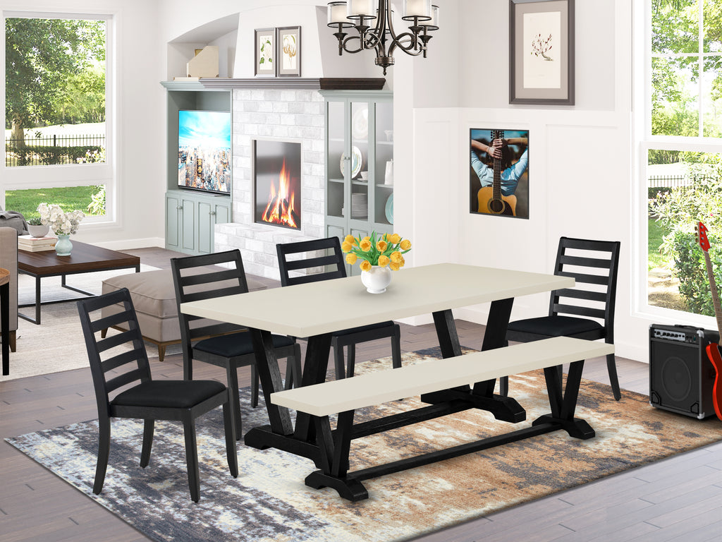 East West Furniture V627X1624-6 - 6-piece Dining table set included a table and bench with a Linen White top, 4 stackable chairs with Black Linen Fabric - Wire-brushed Black