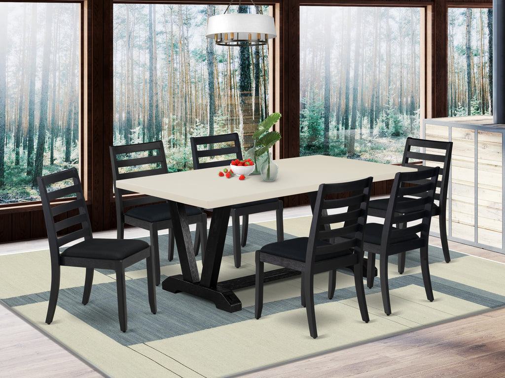 East West Furniture V627X1624-7 7-piece Kitchen Table set consists of a Rectangular Kitchen Table and 6 Black Linen Fabric stackable Chair, Wire Brushed Black Finish.