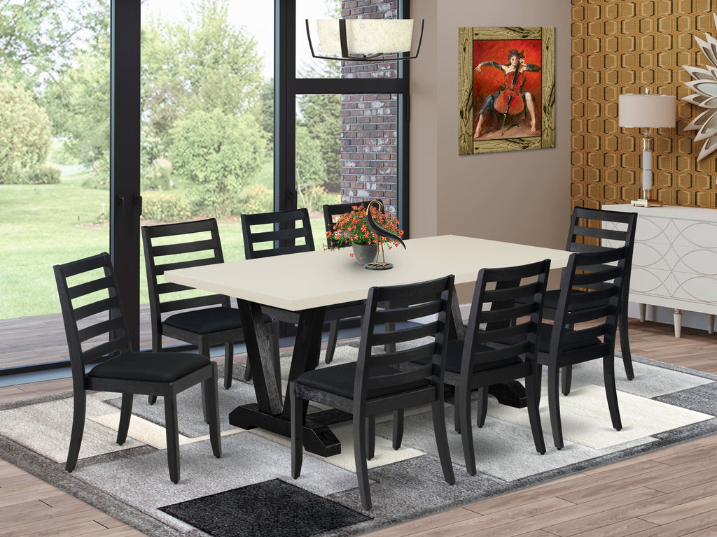 East West Furniture V627X1624-9 9-piece kitchen Table Set included a Rectangular Dining table and 8 Black Linen Fabric stackable dining Chair, Wire Brushed Black Finish.