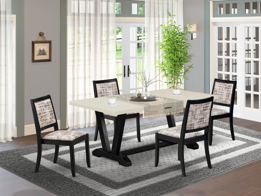 East West Furniture V627X2630-5 - 5-piece kitchen table set consists of a table with Linen White tabletop and 4 stackable chairs with White and Gray Pattern Faux Leather - Wire-brushed Black