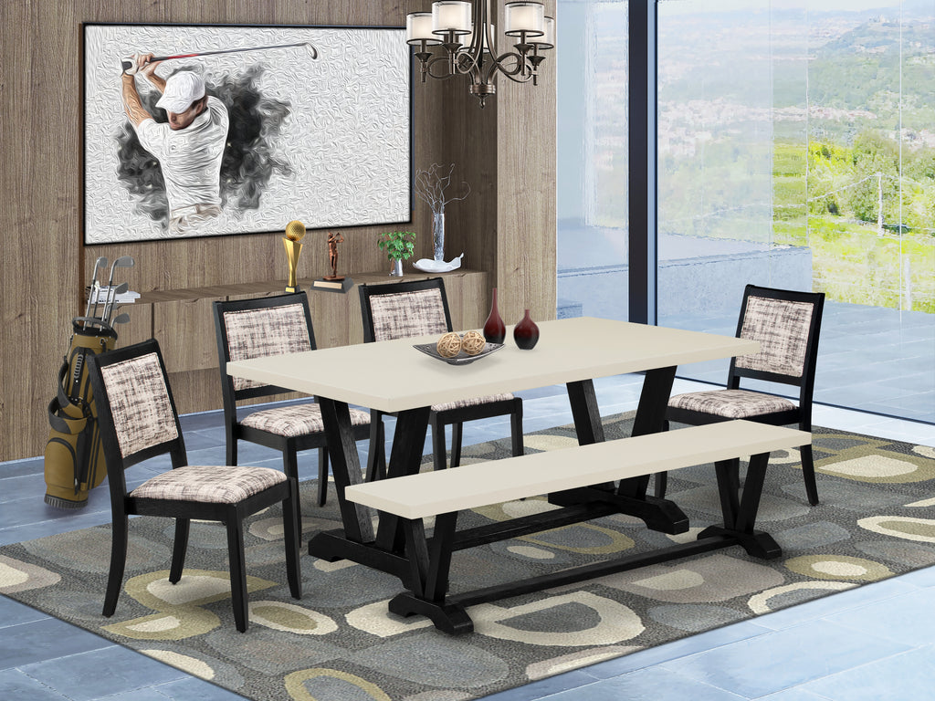 East West Furniture V627X2630-6 - 6-piece dining set consists of a dinner table & a Bench with Linen White tabletop & 4 stackable chairs with White and Gray Pattern Faux Leather - Wire-brushed Black