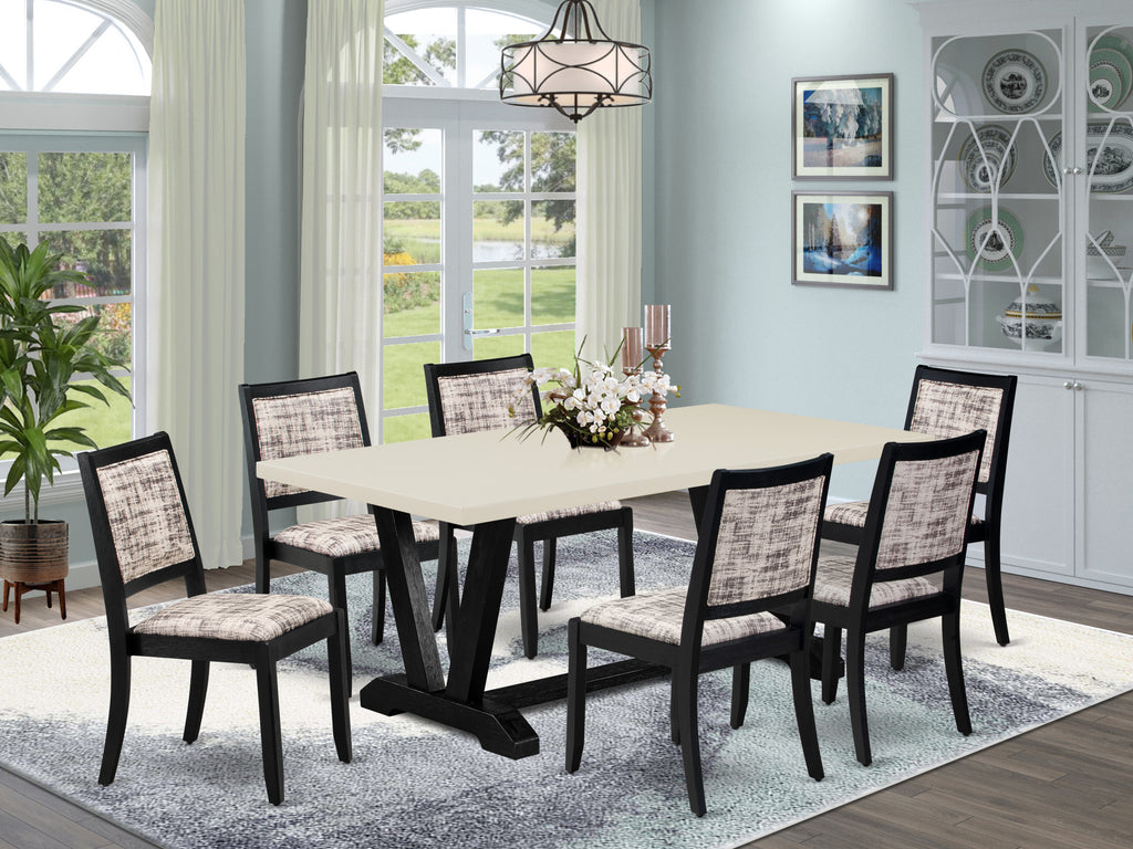 East West Furniture V627X2630-7 - 7-piece dining table set consists of a wooden table with Linen White tabletop and 6 stackable chairs with White and Gray Pattern Faux Leather - Wire-brushed Black