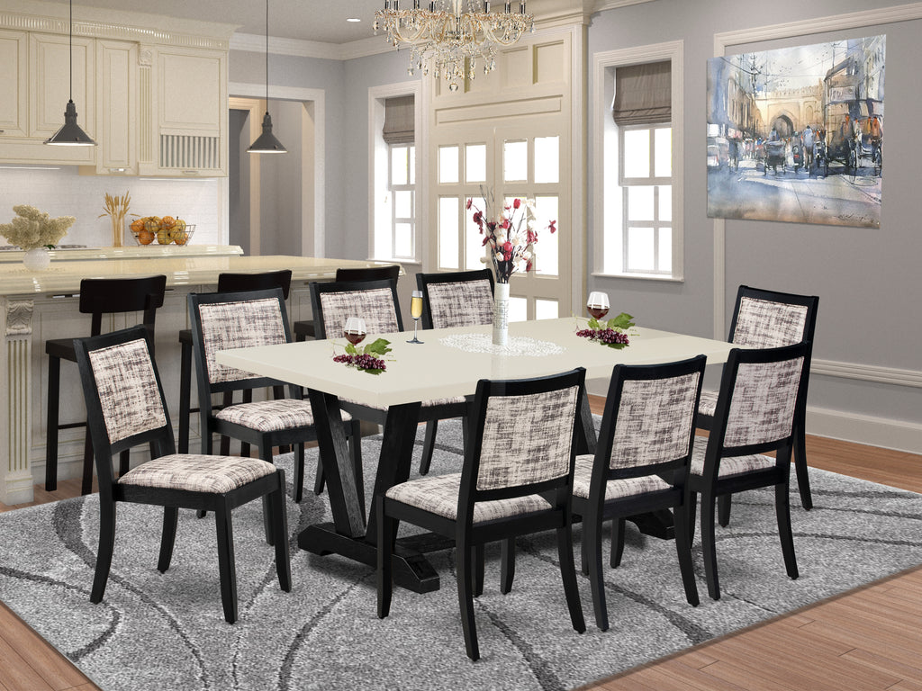 East West Furniture V627X2630-9 - 9-piece kitchen set consists of a kitchen table with Linen White tabletop and 8 stackable chairs with White and Gray Pattern Faux Leather - Wire-brushed Black