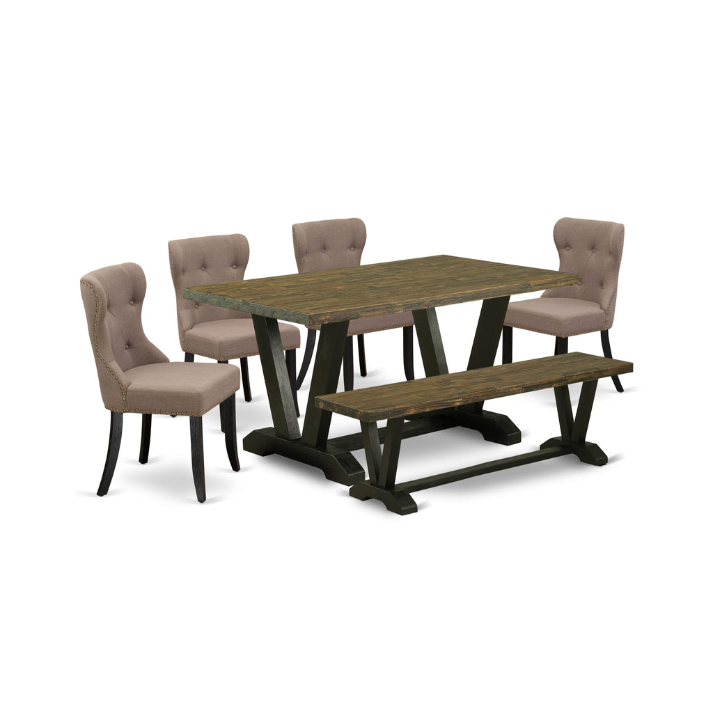 East West Furniture 6-Piece Kitchen Dining Room Set- 4 kitchen chairs with Coffee Linen Fabric Seat and Button Tufted Chair Back - Rectangular top & Wooden Legs Wood Kitchen Table and Dining Bench  Distressed Jacobean and Wire Brushed Black Finish