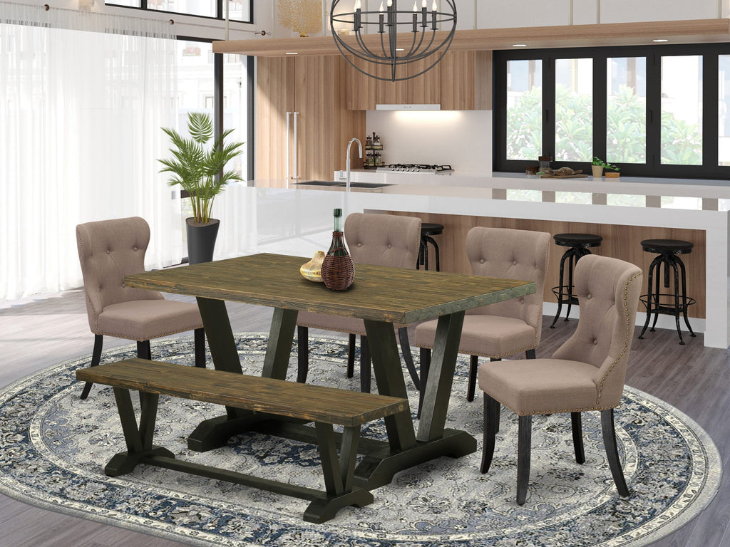 East West Furniture 6-Piece Kitchen Dining Room Set- 4 kitchen chairs with Coffee Linen Fabric Seat and Button Tufted Chair Back - Rectangular top & Wooden Legs Wood Kitchen Table and Dining Bench  Distressed Jacobean and Wire Brushed Black Finish