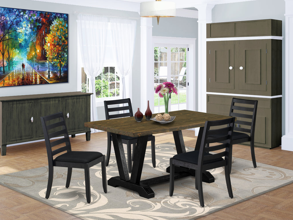 East West Furniture V676X1624-5 - 5-piece dining table set consists of a breakfast table with Distressed Jacobean top and 8 stackable dining chairs with Black Linen Fabric - Wire-brushed Black