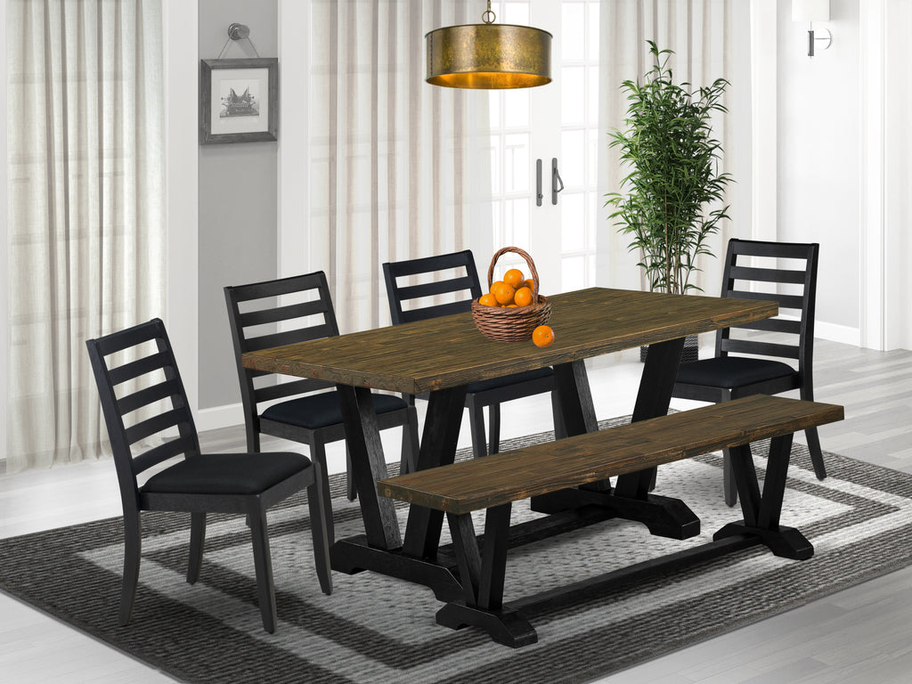 East West Furniture V676X1624-6 - 6-piece modern dining set consists of a kitchen table and a Bench with Distressed Jacobean top and 4 stackable chairs with Black Linen Fabric - Wire-brushed Black