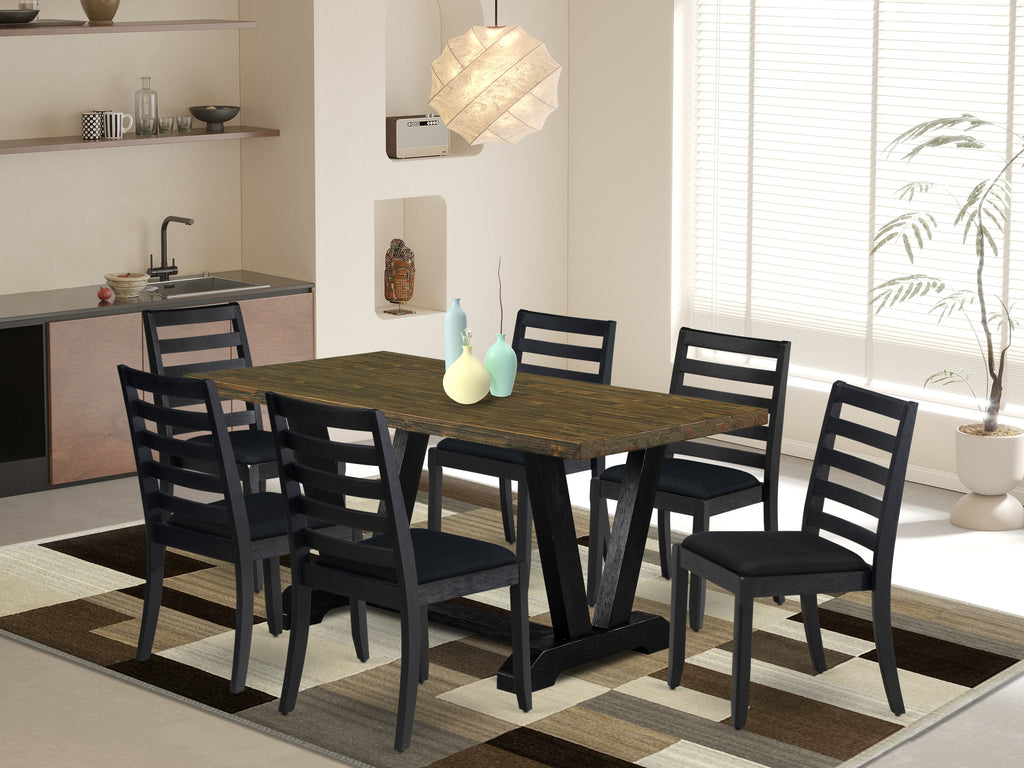 East West Furniture V676X1624-7 - 7-piece dining table set consists of a dining room table with Distressed Jacobean top and 6 stackable chairs with Black Linen Fabric - Wire-brushed Black