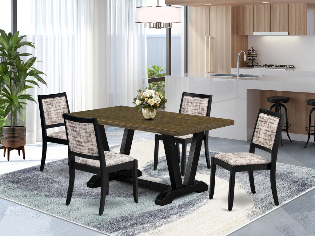 East West Furniture V676X2630-5 - 5-piece kitchen set consists of a wooden table with Distressed Jacobean top and 4 stackable chairs with White and Gray Pattern Faux Leather - Wire-brushed Black