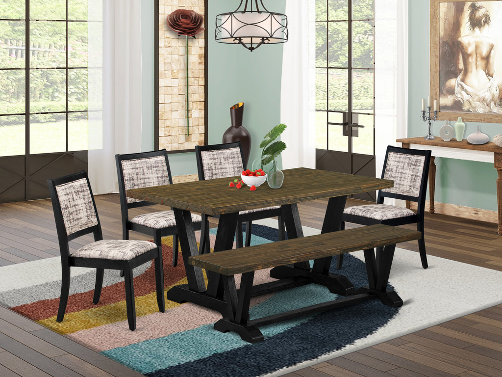 East West Furniture V676X2630-6 - 6-piece dining set consists of a table and a Bench with Distressed Jacobean top & 4 stackable chairs with White and Gray Pattern Faux Leather - Wire-brushed Black