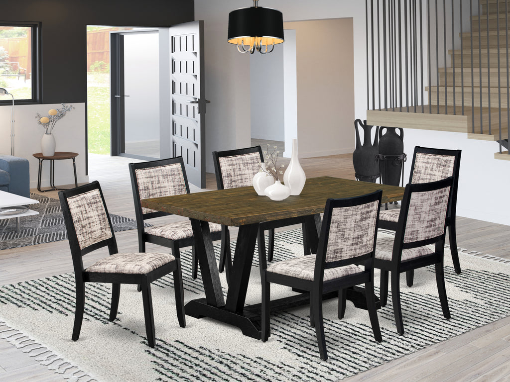 East West Furniture V676X2630-7 - 7-piece kitchen set consists of a breakfast table with Distressed Jacobean top and 6 stackable chairs with White and Gray Pattern Faux Leather - Wire-brushed Black