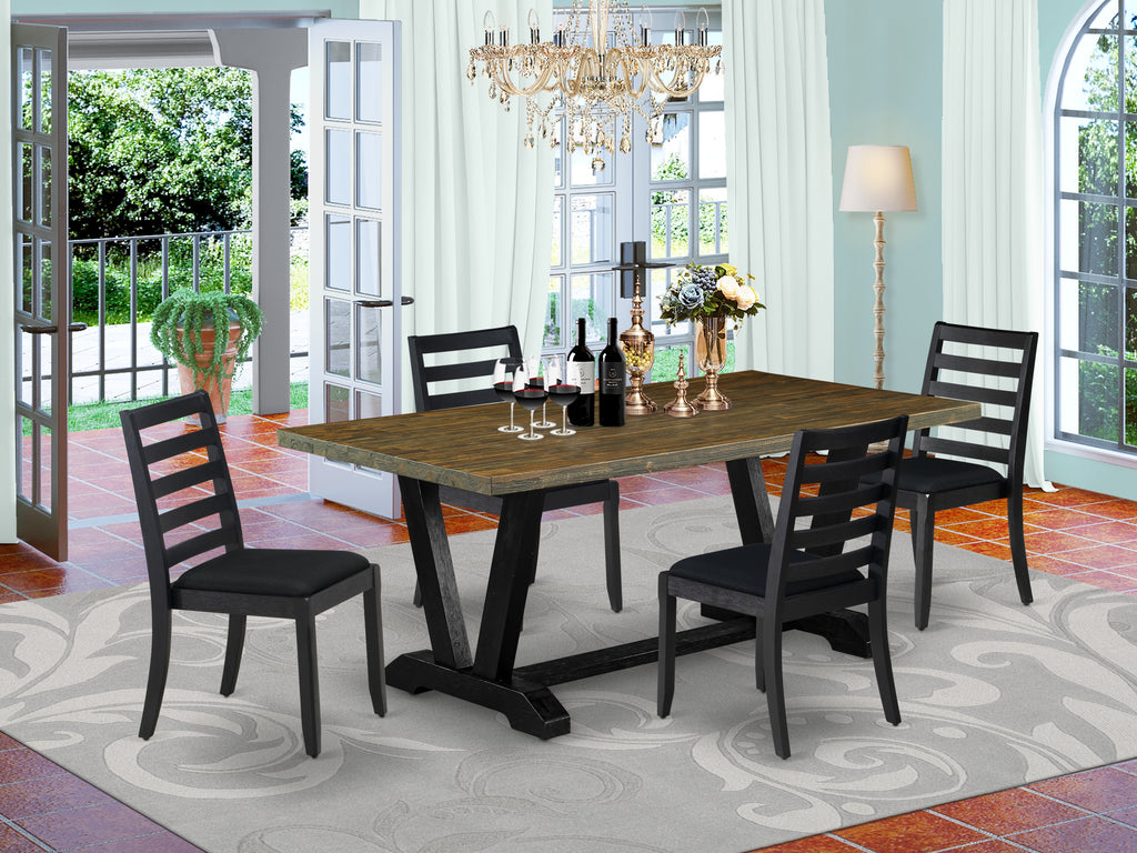 East West Furniture V677X1624-5 - 5-piece dining room set consists of a wooden table with Distressed Jacobean top and 4 stackable chairs with Black Linen Fabric - Wire-brushed Black