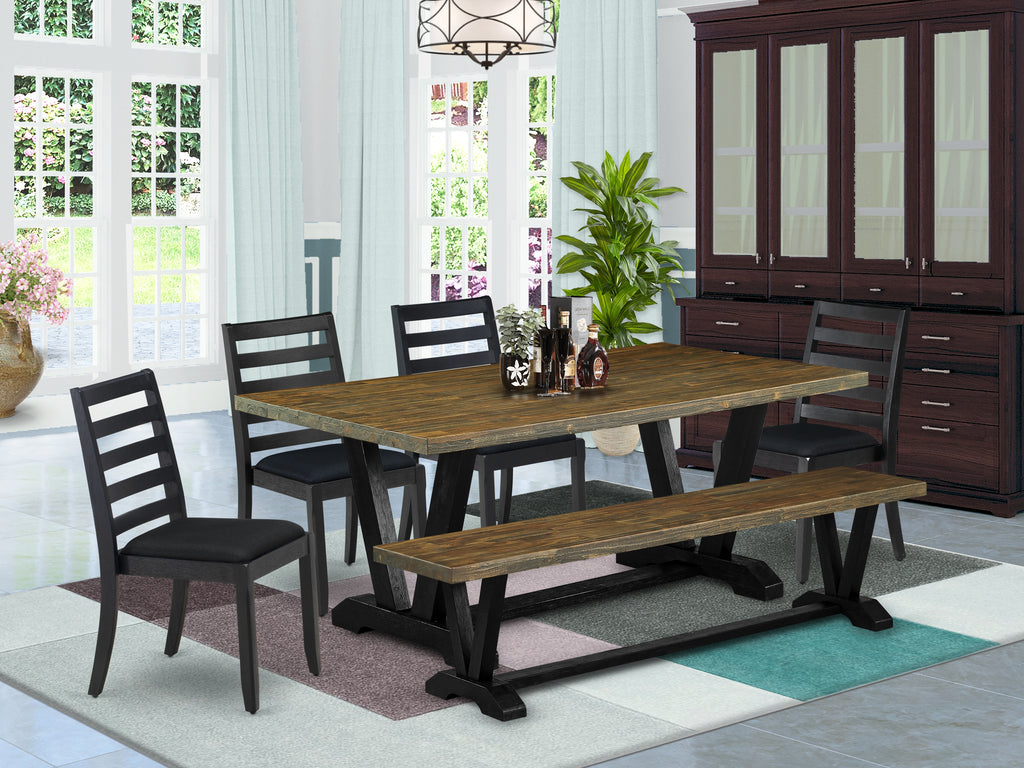 East West Furniture V677X1624-6 - 6-piece mid century kitchen set consists of a table and a Bench with Distressed Jacobean top & 4 stackable dining chairs with Black Linen Fabric - Wire-brushed Black