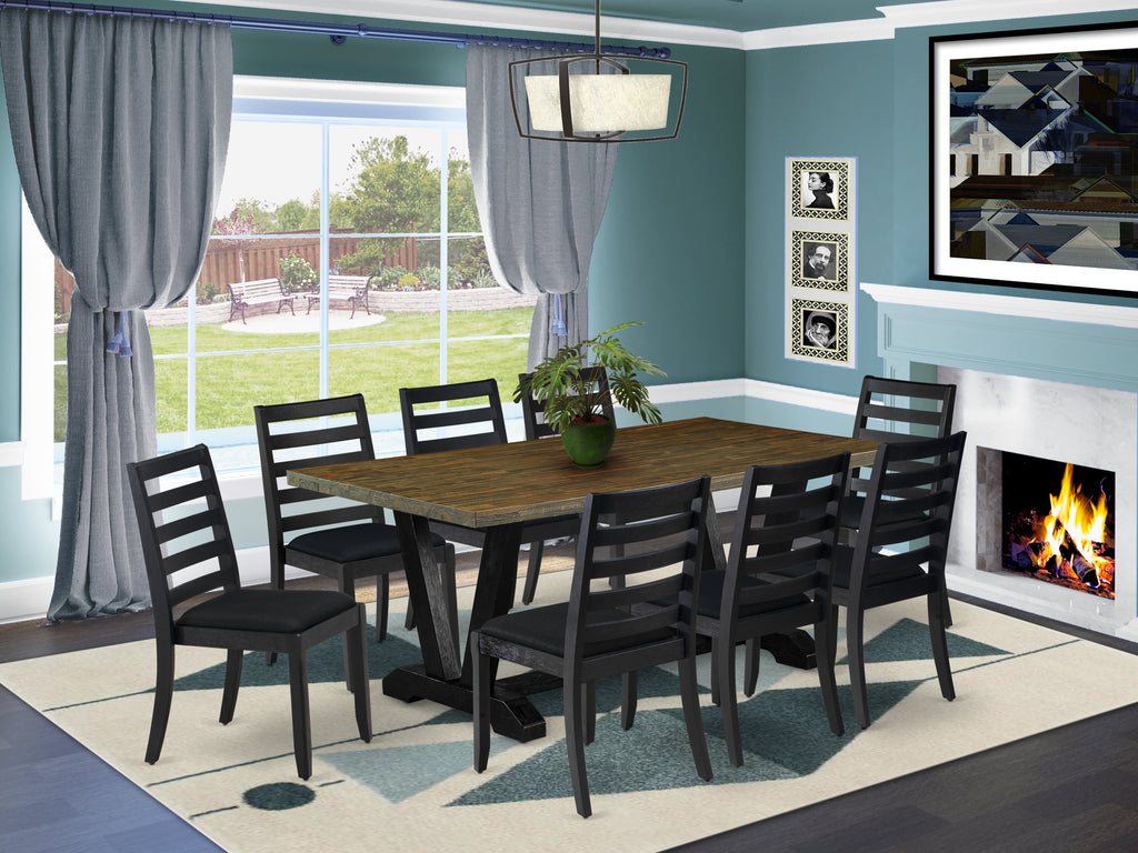 East West Furniture V677X1624-9 - 9-piece modern dining set consists of a dining table with Distressed Jacobean top and 8 stackable kitchen chairs with Black Linen Fabric - Wire-brushed Black