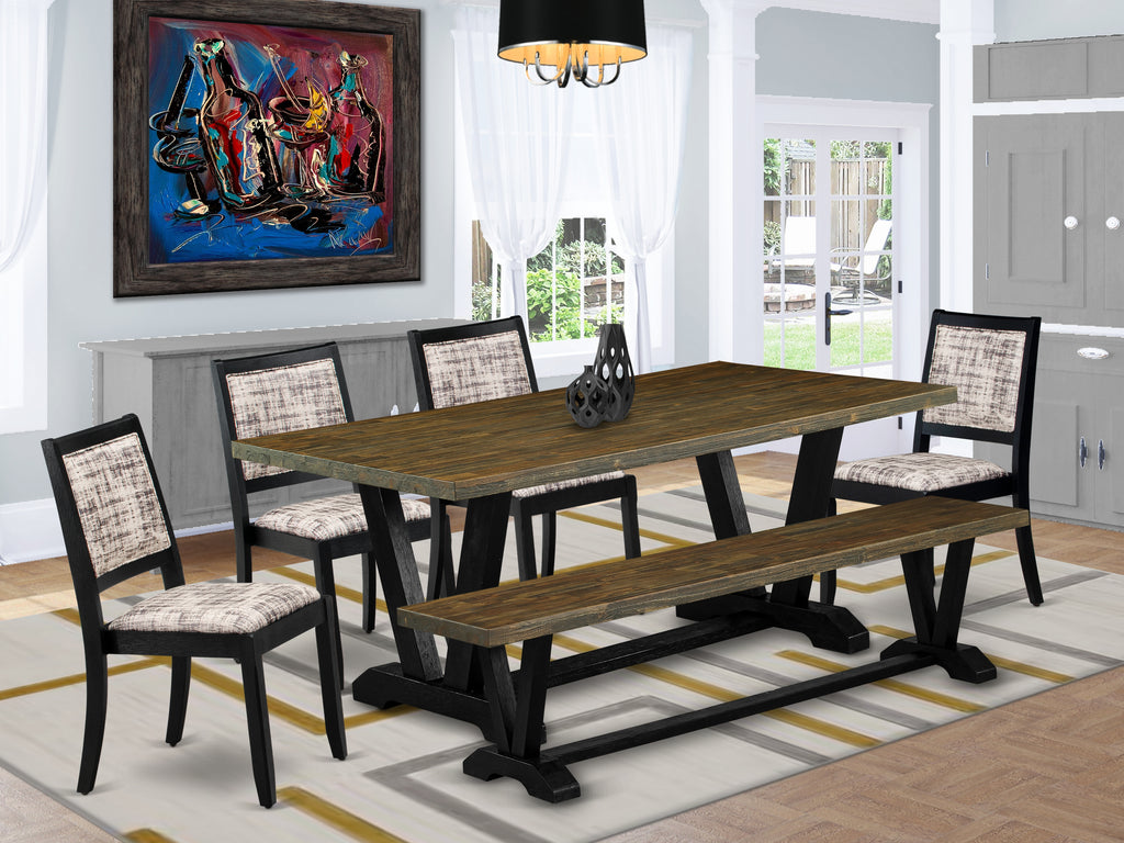 East West Furniture V677X2630-6 - 6-pc dining set consists of a wooden table & a bench with Distressed Jacobean top & 4 stackable chairs with White and Gray Pattern Faux Leather - Wire-brushed Black