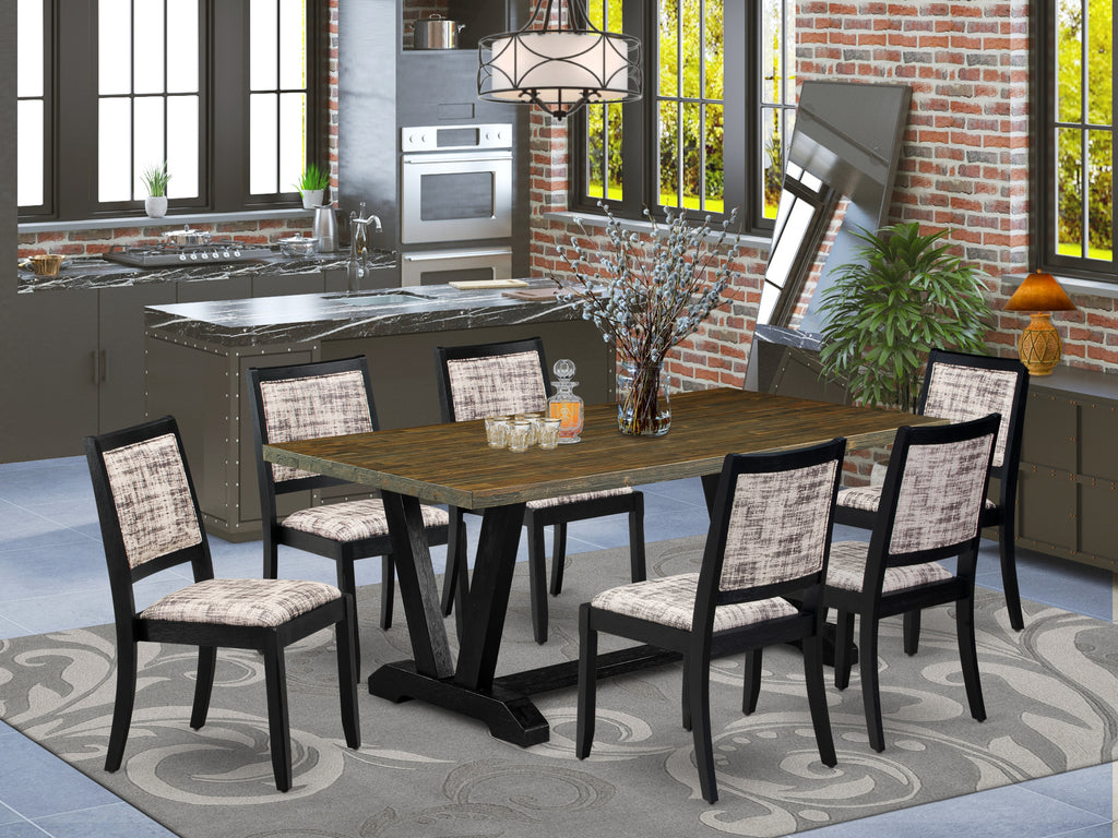 East West Furniture V677X2630-7 - 7-piece dining set consists of a dinner table with Distressed Jacobean top and 6 stackable chairs with White and Gray Pattern Faux Leather - Wire-brushed Black