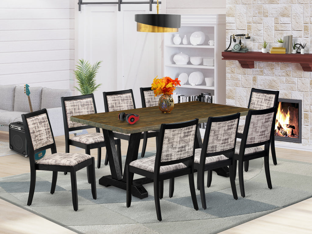 East West Furniture V677X2630-9 - 9-piece kitchen set consists of a dining table with Distressed Jacobean top and 8 stackable chairs with White and Gray Pattern Faux Leather - Wire-brushed Black