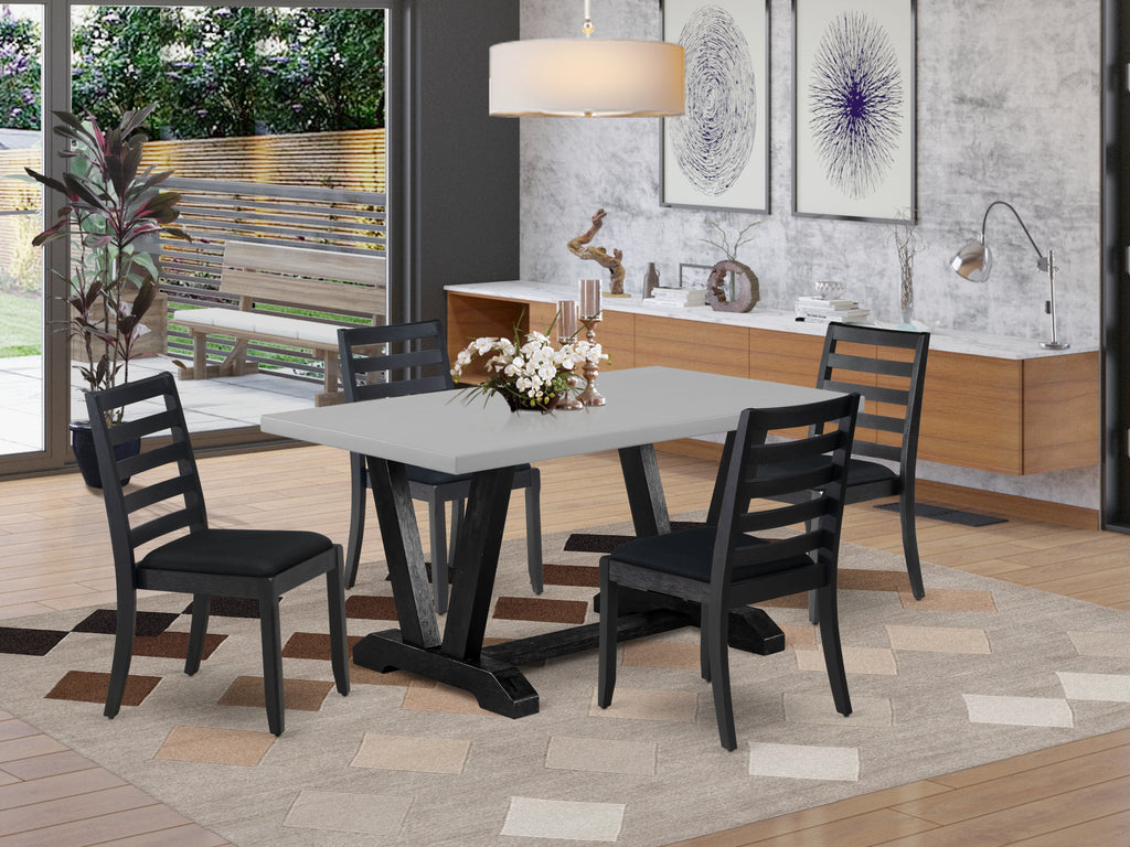 East West Furniture V696X1624-5 - 5-piece modern dining set consists of a breakfast table with Cement top and 4 stackable chairs with Black Linen Fabric - Wire-brushed Black