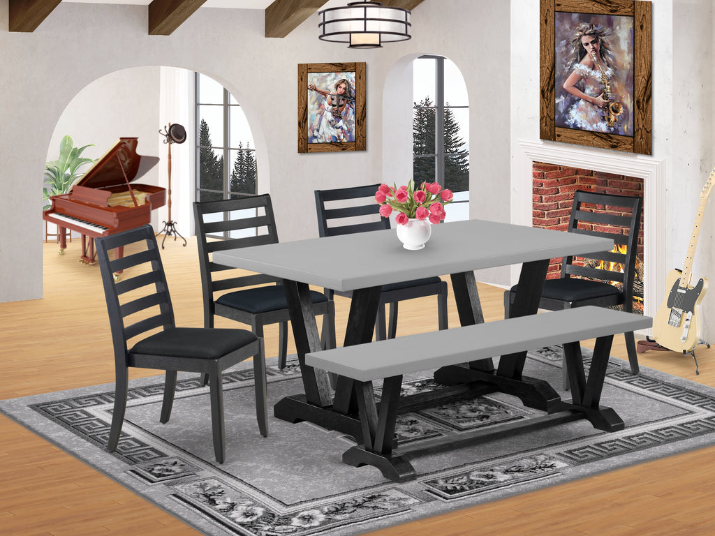 East West Furniture V696X1624-6 - 6-piece dining room set consists of a wooden table and a bench with Cement top and 4 stackable chairs with Black Linen Fabric - Wire-brushed Black