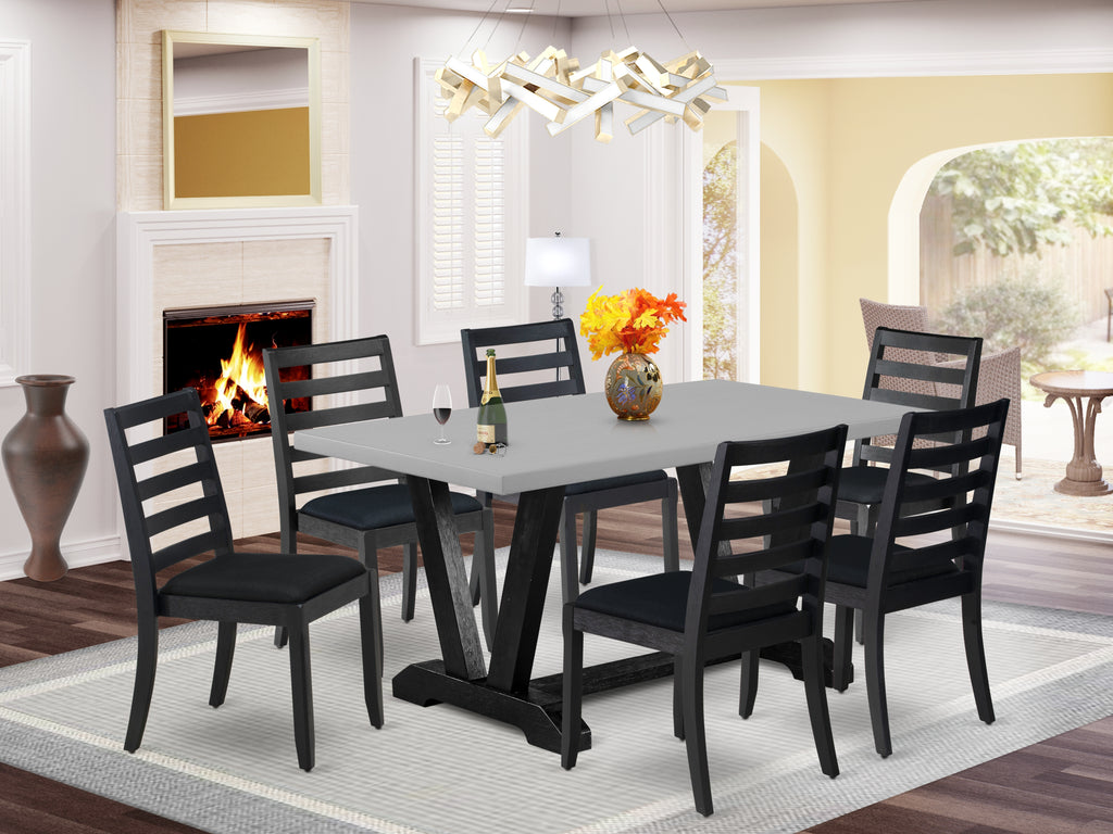 East West Furniture V696X1624-7 - 7-piece dining room set consists of a dining table with Cement top and 6 stackable kitchen chairs with Black Linen Fabric - Wire-brushed Black