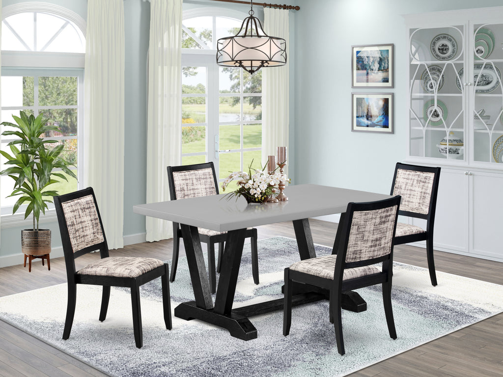 East West Furniture V696X2630-5 - 5-piece modern dining set consists of a dinner table with Cement top and 4 stackable chairs with White and Gray Pattern Faux Leather - Wire-brushed Black