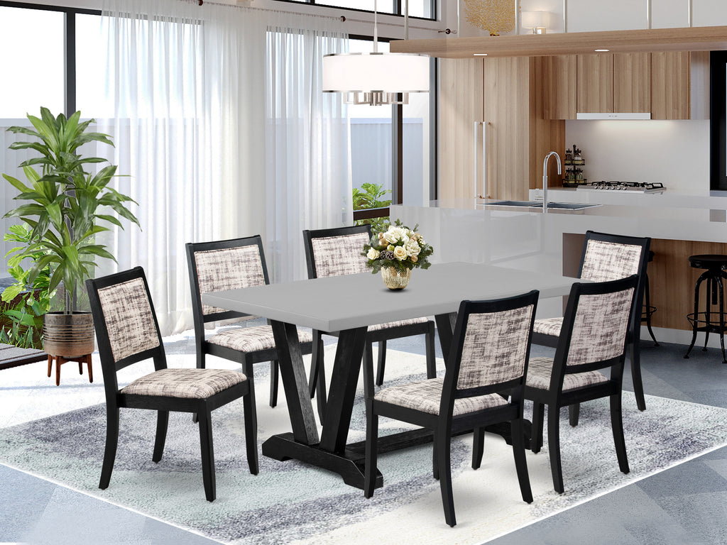 East West Furniture V696X2630-7 - 7-piece dining set consists of a breakfast table with Cement top and 6 stackable chairs with White and Gray Pattern Faux Leather - Wire-brushed Black