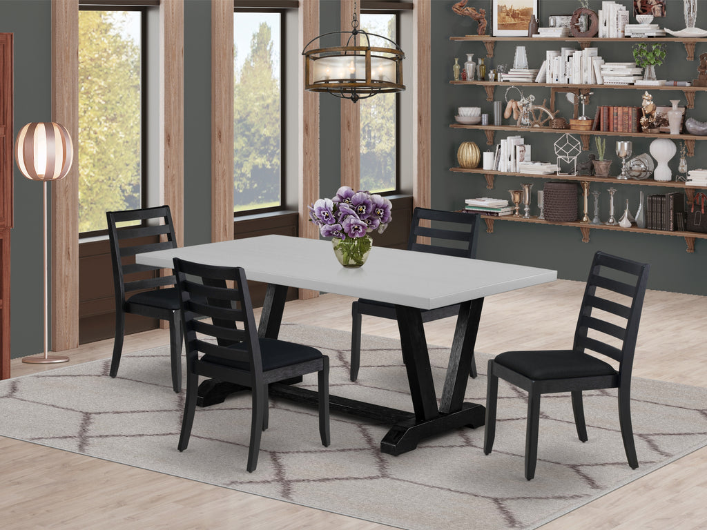 East West Furniture V697X1624-5 - 5-piece kitchen table set consists of a dinner table with Cement top and 4 stackable dining chairs with Black Linen Fabric - Wire-brushed Black