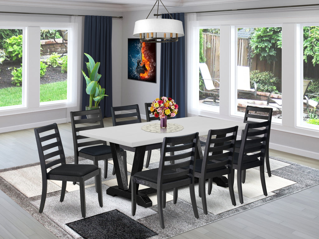 East West Furniture V697X1624-9 - 9-piece dining room set consists of a wooden table with Cement top and 8 stackable kitchen chairs with Black Linen Fabric - Wire-brushed Black