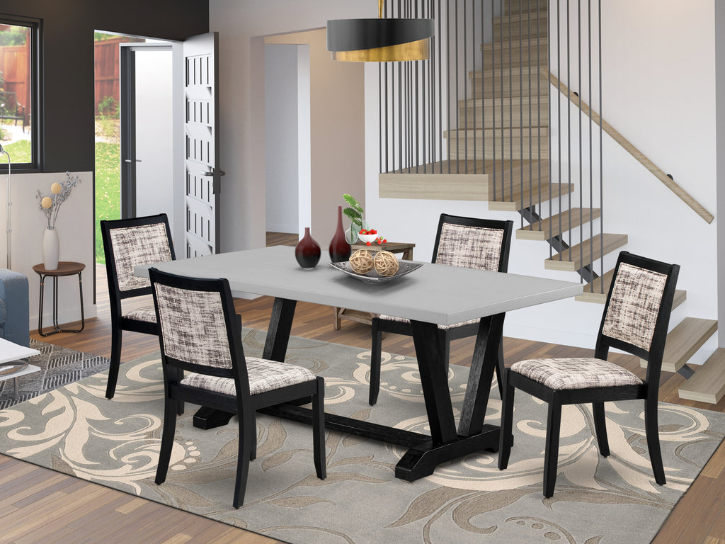 East West Furniture V697X2630-5 - 5-piece kitchen table set consists of a dinner table with Cement top and 4 stackable dining chairs with White and Gray Pattern Faux Leather - Wire-brushed Black