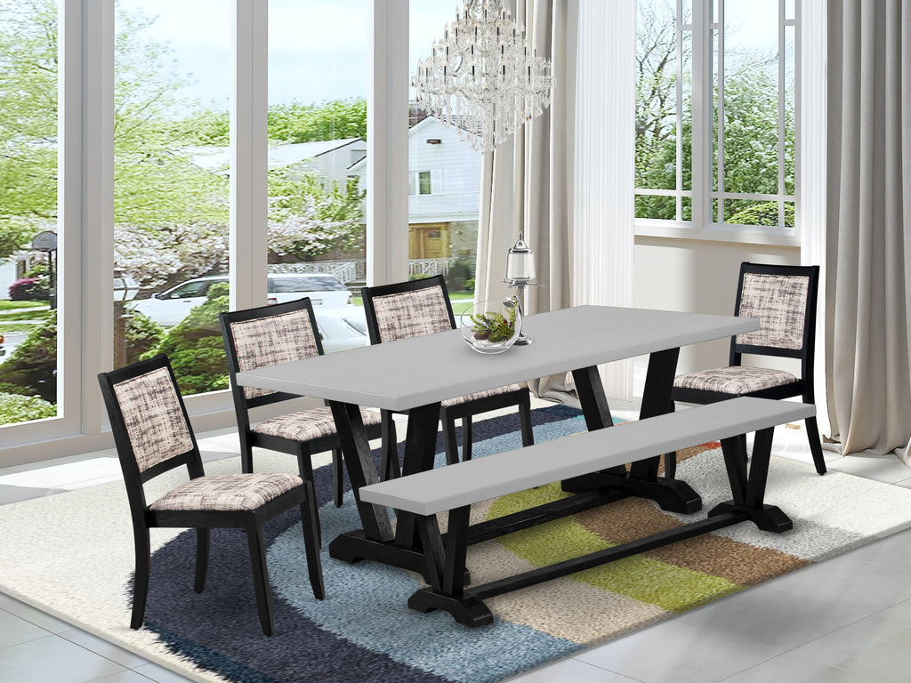 East West Furniture V697X2630-6 - 6-piece dining set consists of a dinner table and a bench with Cement top and 4 stackable chairs with White and Gray Pattern Faux Leather - Wire-brushed Black