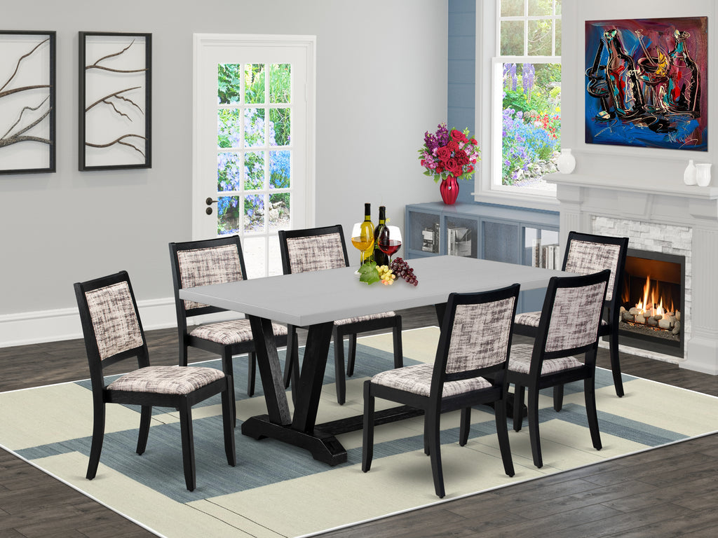 East West Furniture V697X2630-7 - 7-piece dining table set consists of a breakfast table with Cement top and 6 stackable chairs with White and Gray Pattern Faux Leather - Wire-brushed Black