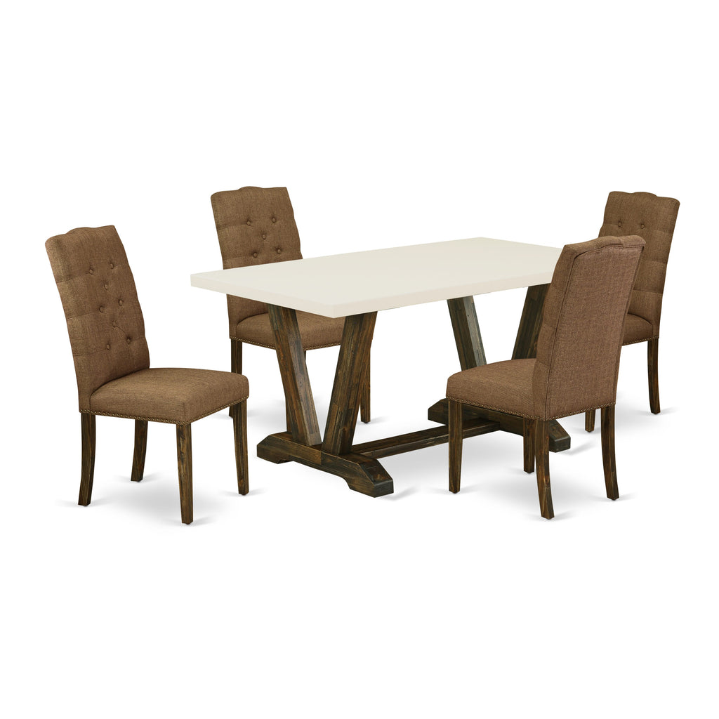 East West Furniture 5-Pc Dining room Set Included 4 Kitchen Dining chairs Upholstered Seat and High Button Tufted Chair Back and Rectangular Mid Century Dining Table with Linen White Dining room Table Top - Distressed Jacobean Finish