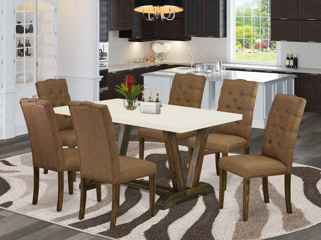 East West Furniture V726EL718-7 - 7-Piece Small Dining Table Set - 6 Dining Room Chairs and a Rectangular Dining Table Solid Wood Frame