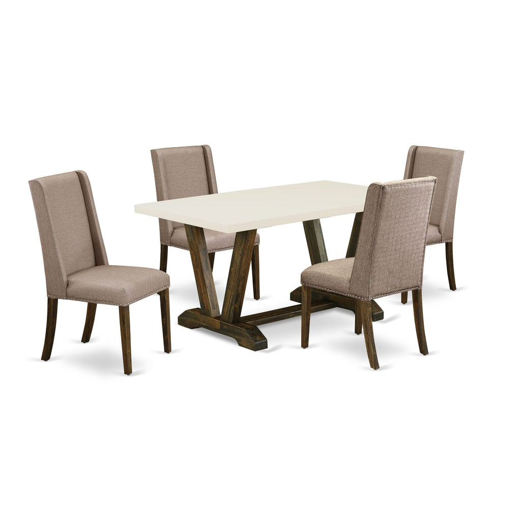 East West Furniture 5-Piece Modern Dinette Set Included 4 Kitchen Dining chairs Upholstered Seat and Stylish Chair Back and Rectangular Dining room Table with Linen White Dinette Table Top - Distressed Jacobean Finish
