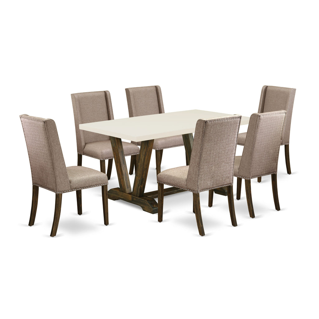 East West Furniture V726FL716-7 - 7-Piece Small Dining Table Set - 6 Upholstered Dining Chairs and Dining Table Solid Wood Frame