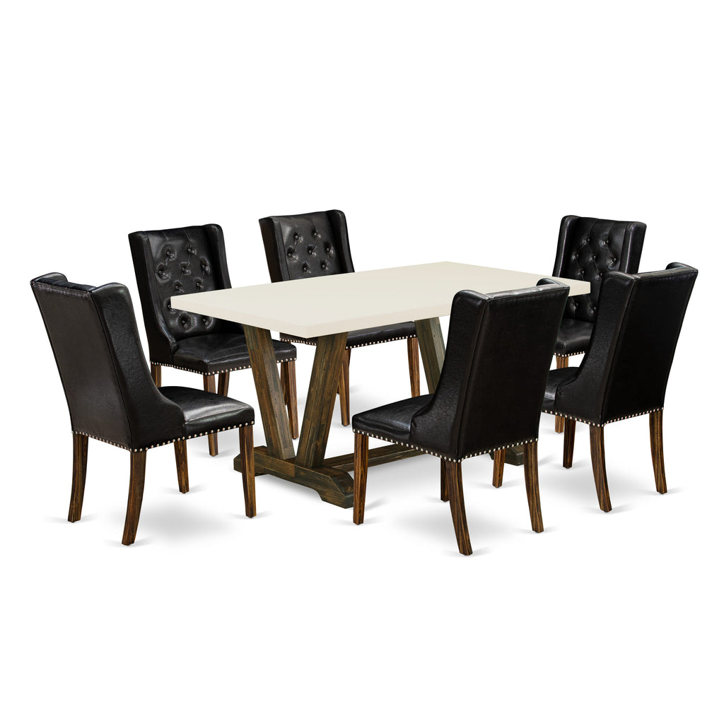 East West Furniture V726FO749-7 7 Piece Dining Table Set Consist of a Rectangle Dining Room Table with V-Legs and 6 Black Faux Leather Upholstered Parson Chairs, 36x60 Inch, Multi-Color