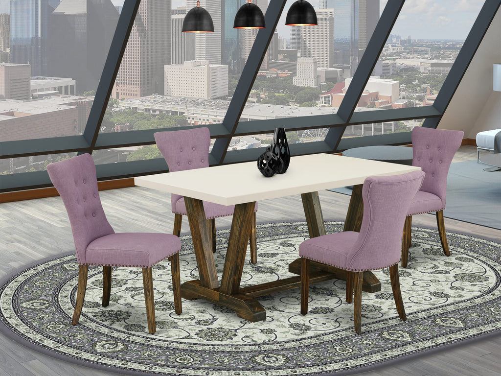 East West Furniture V726GA740-5 5-Piece Dinette Set- 4 Upholstered Dining Chairs with Dahlia Linen Fabric Seat and Button Tufted Chair Back - Rectangular Table Top & Wooden Legs - Linen White and Distressed Jacobean Finish