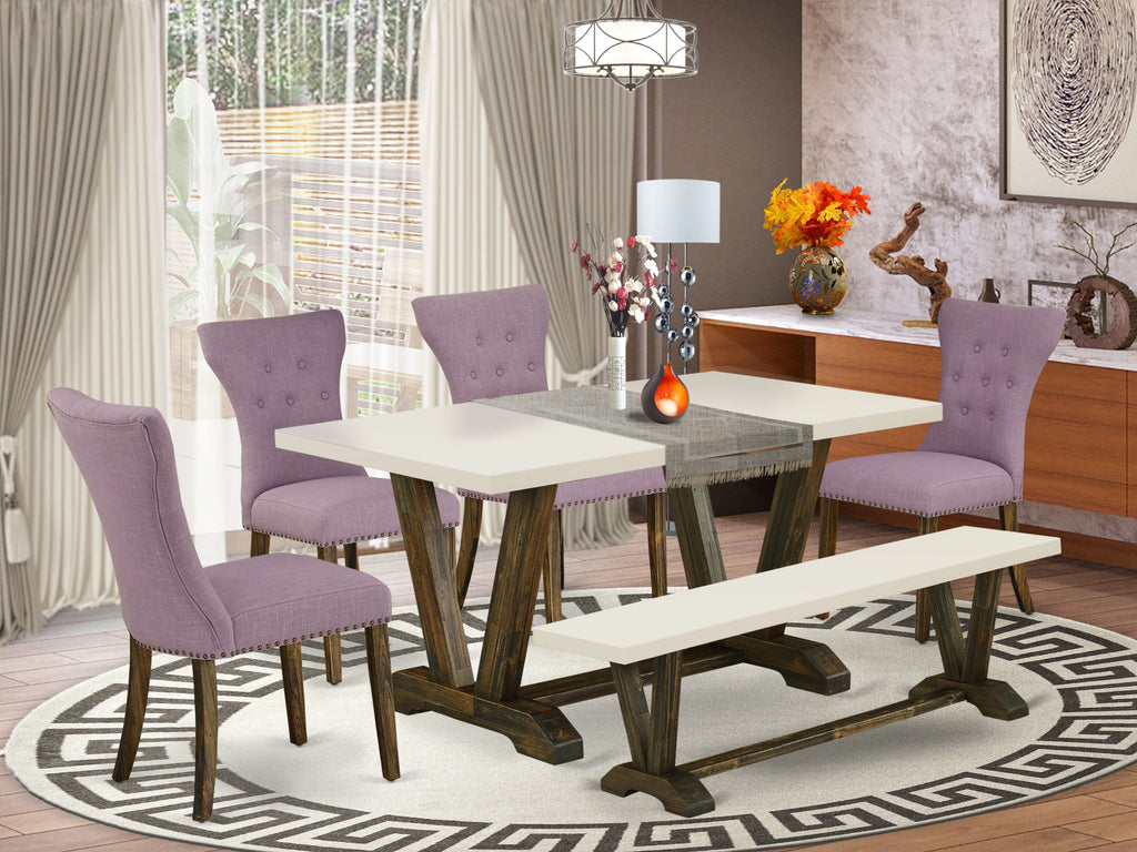 East West Furniture V726GA740-6 6 Piece Kitchen Table Set Contains a Rectangle Dining Table with V-Legs and 4 Dahlia Linen Fabric Parson Chairs with a Bench, 36x60 Inch, Multi-Color