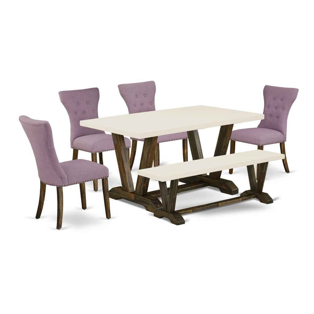 East West Furniture V726GA740-6 6 Piece Kitchen Table Set Contains a Rectangle Dining Table with V-Legs and 4 Dahlia Linen Fabric Parson Chairs with a Bench, 36x60 Inch, Multi-Color