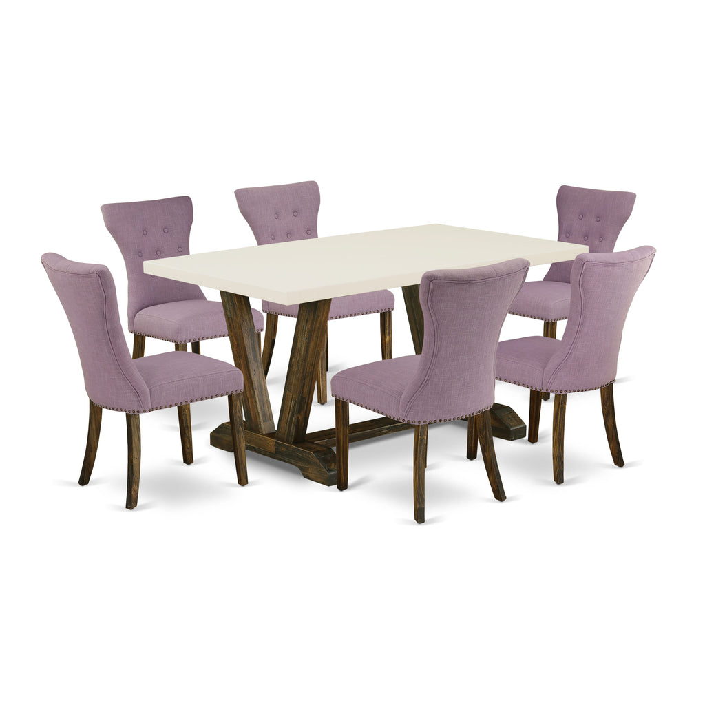 East West Furniture V726GA740-7 7-Piece Modern Dining Set- 6 Upholstered Dining Chairs with Dahlia Linen Fabric Seat and Button Tufted Chair Back - Rectangular Table Top & Wooden Legs - Linen White and Distressed Jacobean Finish