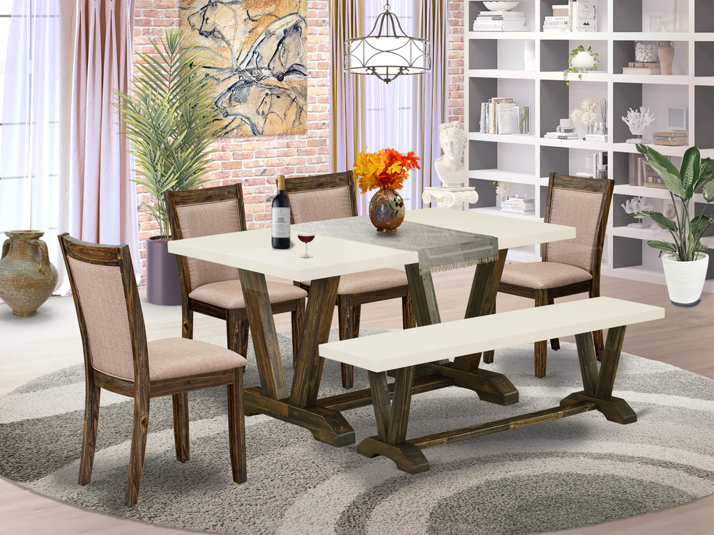 East West Furniture V726MZ716-6 6 Piece Dinette Set Contains a Rectangle Dining Table with V-Legs and 4 Dark Khaki Linen Fabric Parson Chairs with a Bench, 36x60 Inch, Multi-Color